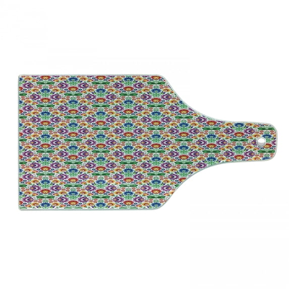 Traditional Cutting Board, Polish Pattern with Floral Motifs and Folkloric Elements Native Cultural, Decorative Tempered Glass Cutting and Serving Board, Wine Bottle Shape, Multicolor, by Ambesonne