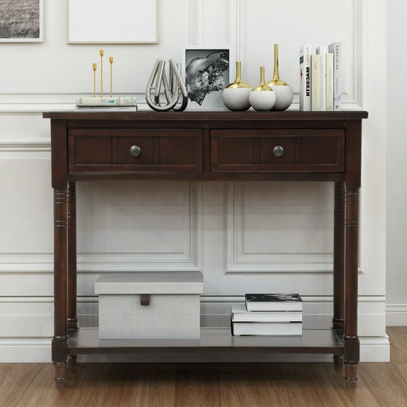 Traditional Daisy Series Console Table with Double Drawers ,Retro Console Table with Bottom Shelf, for Living Room, Espresso