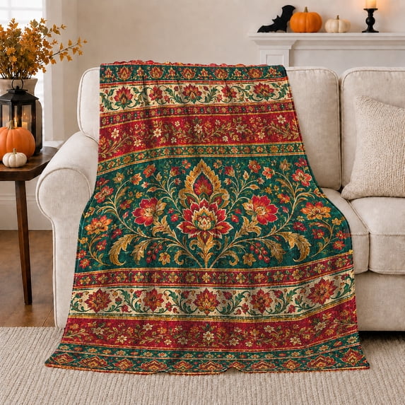 Traditional Damask Floral Artwork Design Ornate Deep Red, Cozy Botanical Garden Scene, Warm Flannel Blanket for Sunroom and Reading Nook, Garden Lovers Valentine's Day Gift, Artistic Home Decor