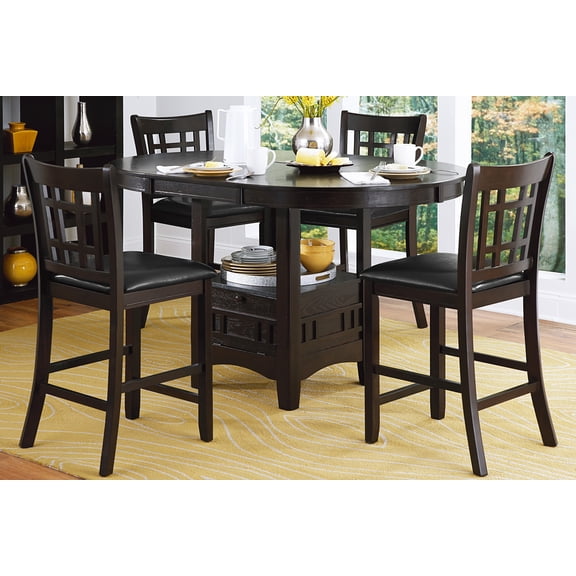 Traditional Dark Cherry 5pc Counter Height Dining Set w/ Extension Leaf, Oak Veneer Table & 4 Faux Leather Chairs for Dining Room, Seats 4