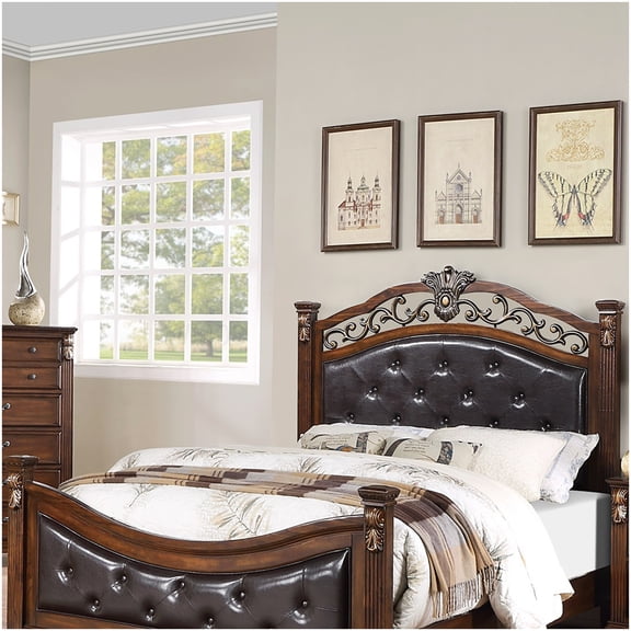Traditional Dark Cherry Faux Leather Bed Frame, Eastern King Size with Tufted Headboard and Footboard