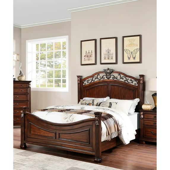 American Traditional King Bed In Dark Cherry, Headboard And , Wood Cherry Bed, Design With & Material Construction