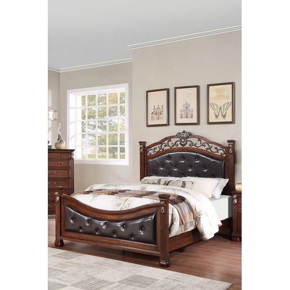 Traditional Dark Cherry Queen Size Bedframe Boasting Tufted Faux Leather Headboard and Footboard