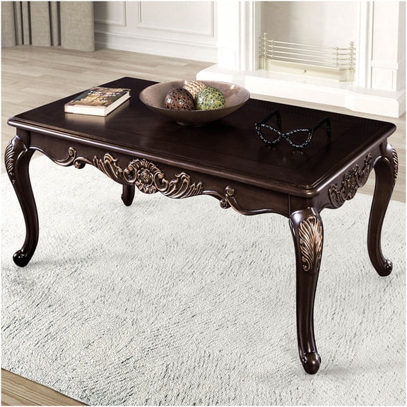 Traditional Dark Cherry Rectangle Coffee Table with Carved Details and Gold Highlights