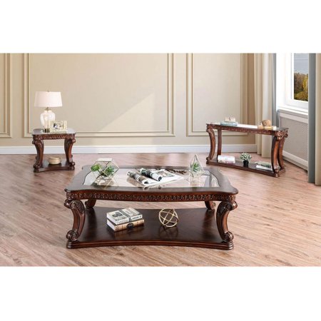 Traditional Dark Oak Tempered Glass Top Coffee Table Set 3pcs FOA Walworth