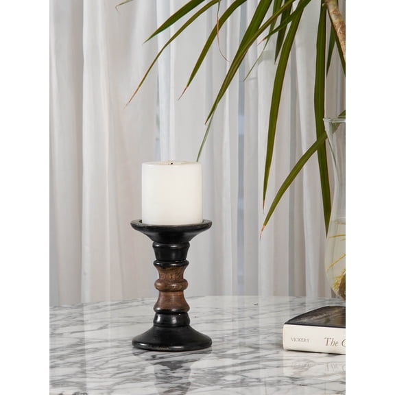 Traditional Dark Polish Eco-friendly Handmade Mango Wood Set Of One 6" Pillar Candle Holder for use, Living Room, Dinning Room, Study Room, Spa, Restaurants, Place Of Worship, etc