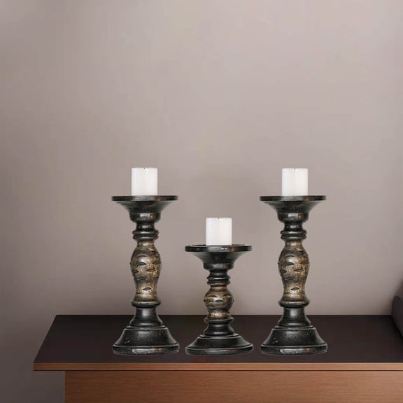 Handmade Traditional Dark Polish Eco-friendly Handmade Mango Wood Set Of Three 9",6" & 9" Pillar Candle Holder for use, Living Room, Dinning Room, Study Room, Spa, Restaurants, Place Of Worship, etc