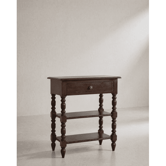 Traditional Dark Wood Mini Console Table with a Pull Out Drawer, 2 Open Storage Shelves and Turned Legs
