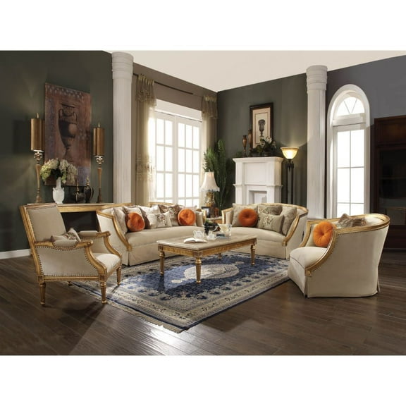 Traditional Design Curve Upholster Tan Flannel & Antique Gold Wooden Leg/Trim 2pc Sofa Set