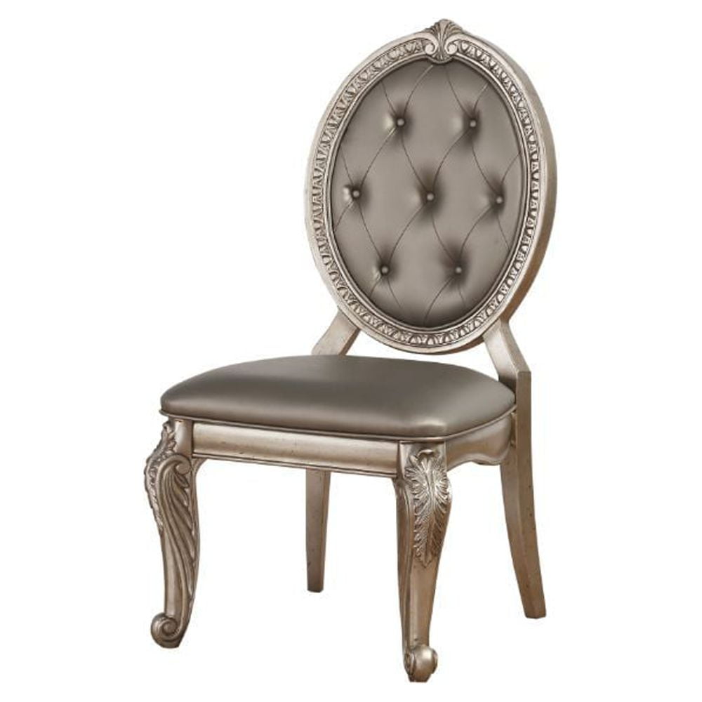 Antique Silver Upholstered Side Chair with Solid Wood Legs