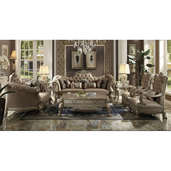 Traditional Design Hand Crafted Bone Velvet & Gold Patina Upholster 4pc Sofa Set Living Room Furniture
