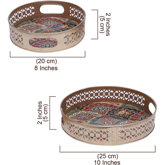 Traditional Design Serving Trays Set (8 Inches & 10 Inches), Serving Plates for Home, Platters for Tea/Coffee/Fruits/Snacks, Decorative Pichwai Tray, Golden, Pack of 2