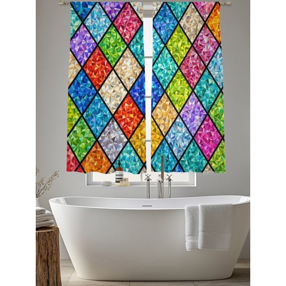 Traditional Diamond Tile Panes Chiffon Sheer Curtains 63 Inches Long High-contrast Color Blocks Rod Pocket Window Curtains Voile Drapes Curtains for Living Room Bedroom,2 Panels