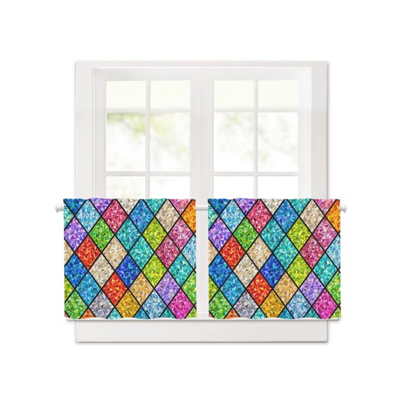 Traditional Diamond Tile Panes Short Blackout Curtains 30 Inch Long,High-contrast Color Blocks Rod Pocket Kitchen Curtains,2 Panels Thermal Insulated Room Darkening Drapes for Bedroom,30"Wx30"L