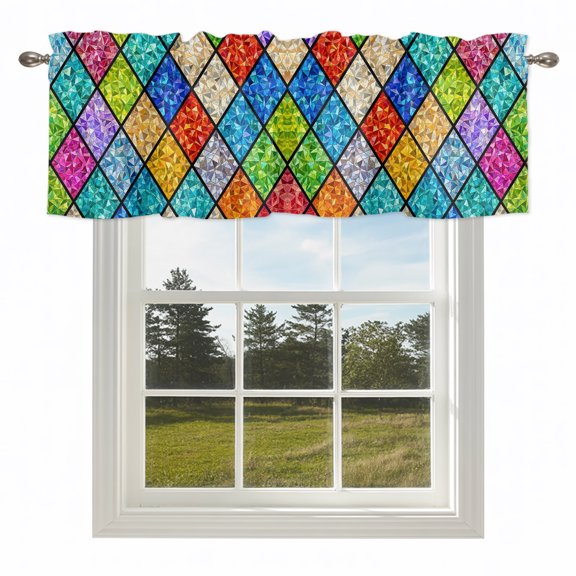 Traditional Diamond Tile Panes Valances for Windows High-contrast Color Blocks Rod Pocket Curtain Valance Window Treatment Short Curtains for Kitchen Living Room,42x12in