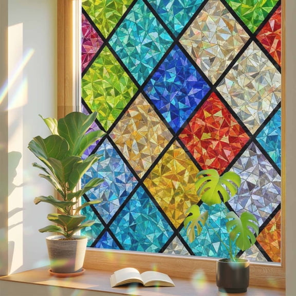 Traditional Diamond Tile Panes Window Privacy Film, Rainbow Film Decorative Window Sticker 23.6x 59in, High-contrast Color Blocks Sun Blocking Static Stained Glass Cling Tint Non-Adhesive