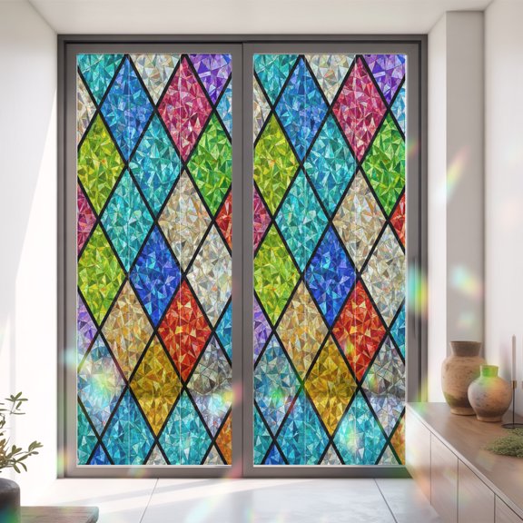 Traditional Diamond Tile Panes Window Privacy Film, Rainbow Film Decorative Window Sticker 35.4x78.7in, High-contrast Color Blocks Sun Blocking Static Stained Glass Cling Tint Non-Adhesive