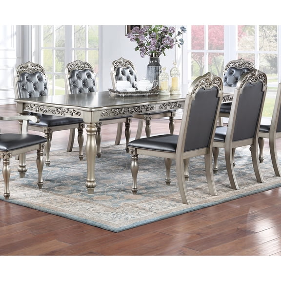 Antique Style Rectangular Dining Table With 2 Leaves, Silver/grey, Rubberwood, Enrapturing For Kitchen Formal Intricate Ornamentation, Rubberwood Construction