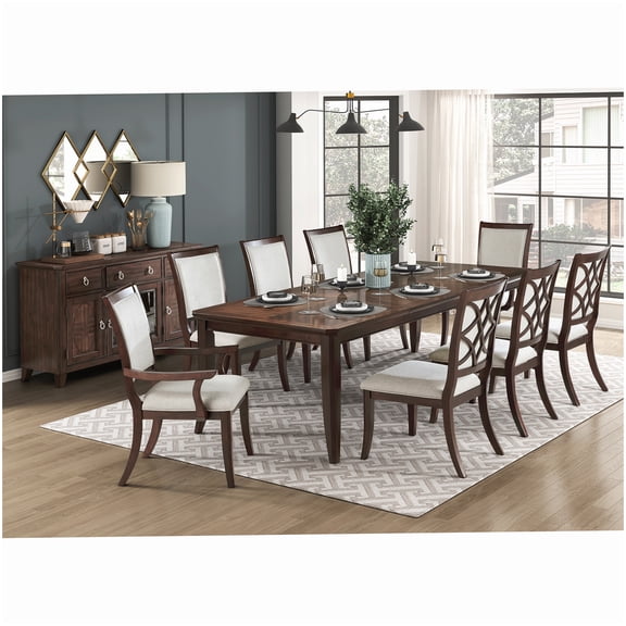 Traditional Dining Table and Chairs Set for 8, Cherry Finish Extendable Wood Table with Upholstered Seating