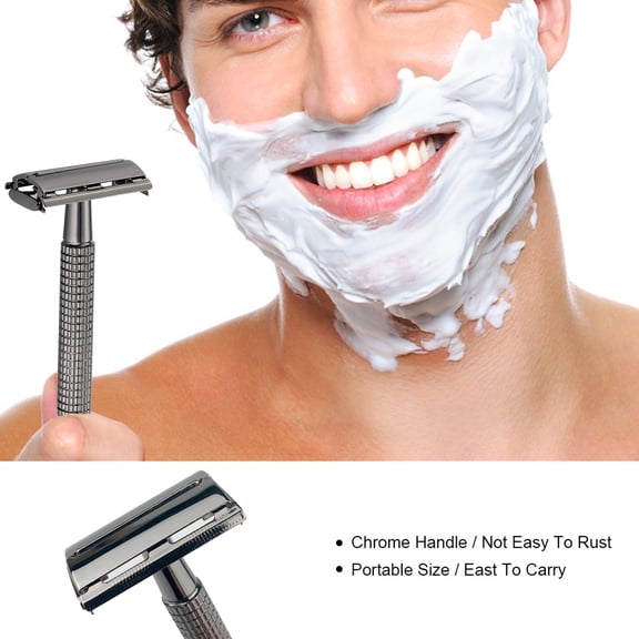 Traditional Double Edge Long Handled Metal Safety Razor, Matte Black Manual Beard Shaver for Wet and Dry Shaving