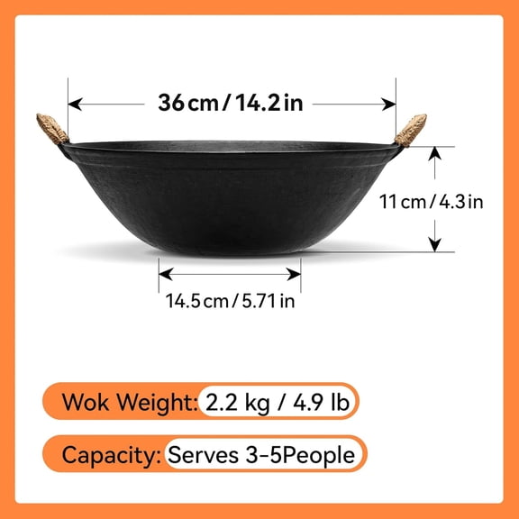 Traditional Double-Handle Cast Iron Wok Set with Wooden Lid and Stainless Steel Spatula