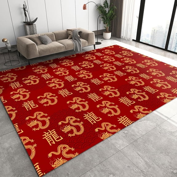 Traditional Dragon Art Area Rug For Bedroom Living Room, Red Festive Home Decor Print Rug, Non Slip Easy Clean Washable No Crease Carpet For Entryway Porch Bath Room Officec 1x2ft