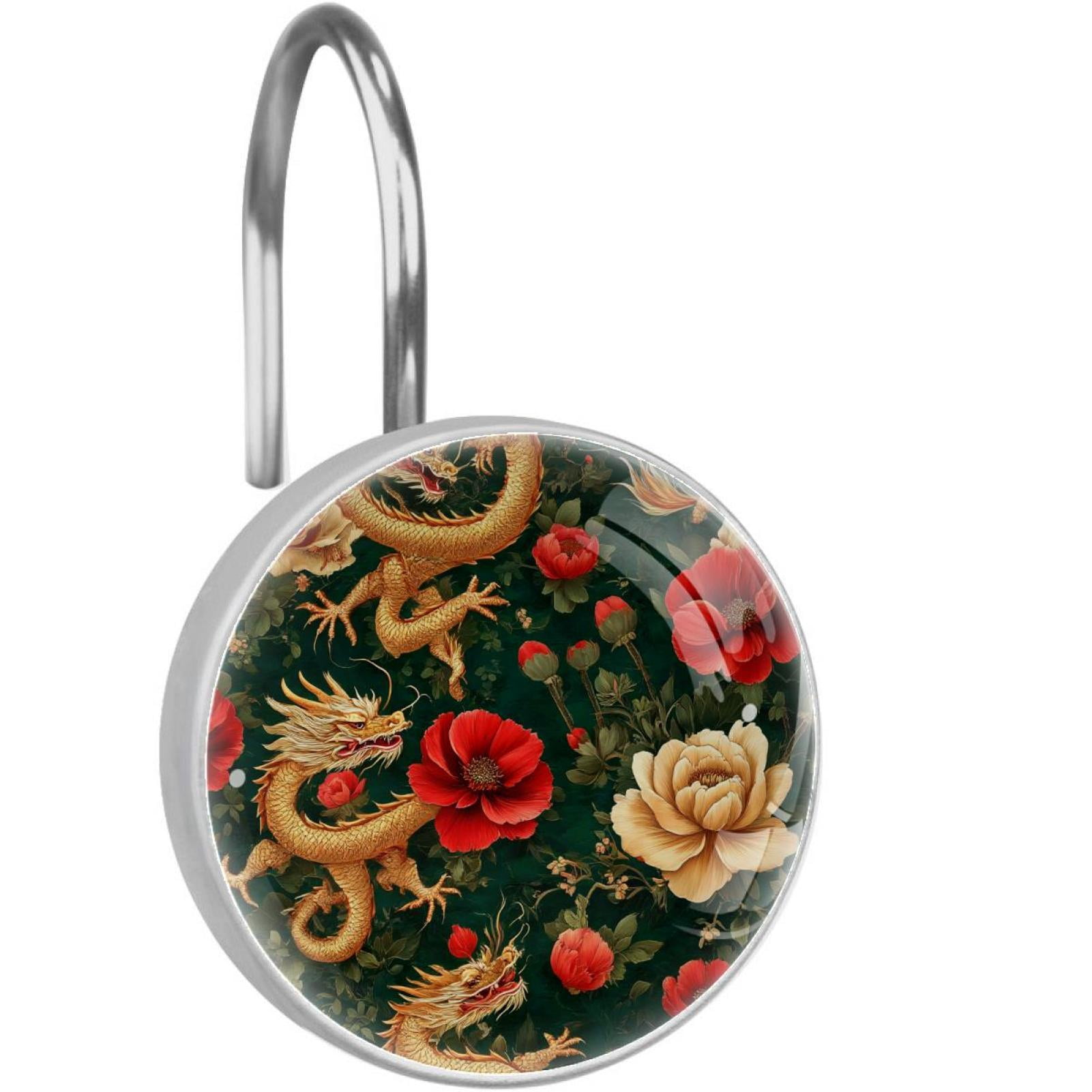Traditional Dragon Red Poppies Shower Curtain Hooks Round Crystal Glass, Set of 12 Shower Curtain Rings - Shower Hooks for Curtain Shower Rings
