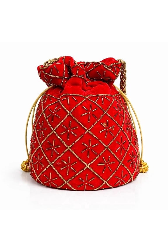 Traditional Drawstring Potli Bag Perfect Wedding Party Companion ( Red )