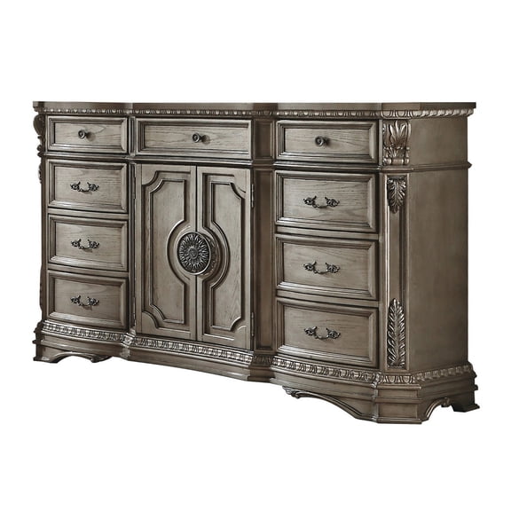 Traditional Dresser with 2 Door Storage and Molded Details, Antique Silver