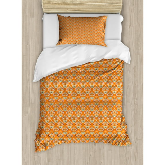 Traditional Duvet Cover Set, Floral Folkloric Theme Ethnic Ornaments with Flowers Repetition, Decorative 2 Piece Bedding Set with 1 Pillow Shams, Twin Size, Burnt Orange and Seafoam, by Ambesonne