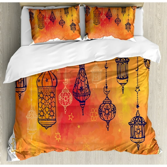 Traditional Duvet Cover Set, Garland Look Middle Eastern Themed Oriental Art on Watercolor Blots, Decorative 3 Piece Bedding Set with 2 Pillow Shams, King Size, Vermilion Orange Black, by Ambesonne
