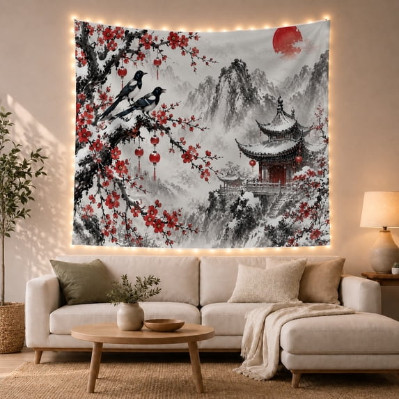 Traditional East Asian With Ink Wash Painting, Mystical Fantasy for Space Lovers, Galaxy Room Decor, Housewarming Gift, Tapestry Wall Hanging for Bedroom and Dorm