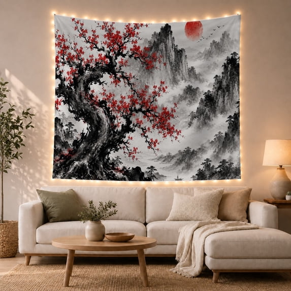 Traditional East Asian with Wash Gnarled Tree, Serene Japanese Inspired for Japanese Art Lovers, Wall Decor, Mother'S Day Gift, Tapestry Wall Hanging for Dorm and Living Room