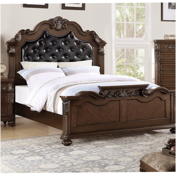 Traditional Eastern King Upholstered Bed Frame with Tufted Headboard, Antique Cherry Finish, Carved Wood Details for Luxurious Bedroom