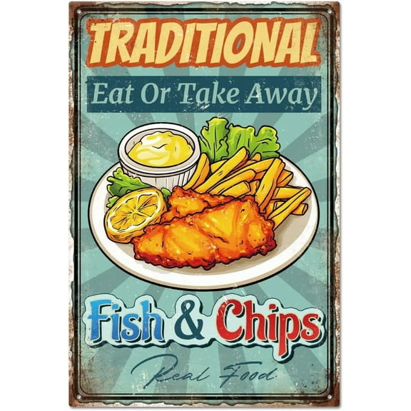 "Traditional Eat or Take Away Fish Chips" Vintage Fish Chips Metal Tin Sign 12x8in/30x20cm Art Plaque Poster Wall Decor for Bar Club Restaurant Cafe 1 pc