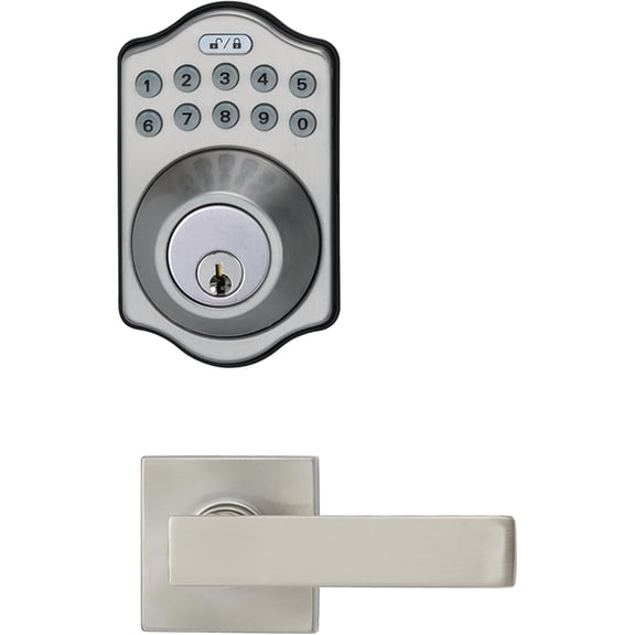 Traditional Electronic Keypad, Keyless Entry Door Lock Deadbolt with Handle Set, Key Pad Front Door with Knob, Traditional Door Locks for Front Door, Door Handle, Satin Nickel, 1-Pack