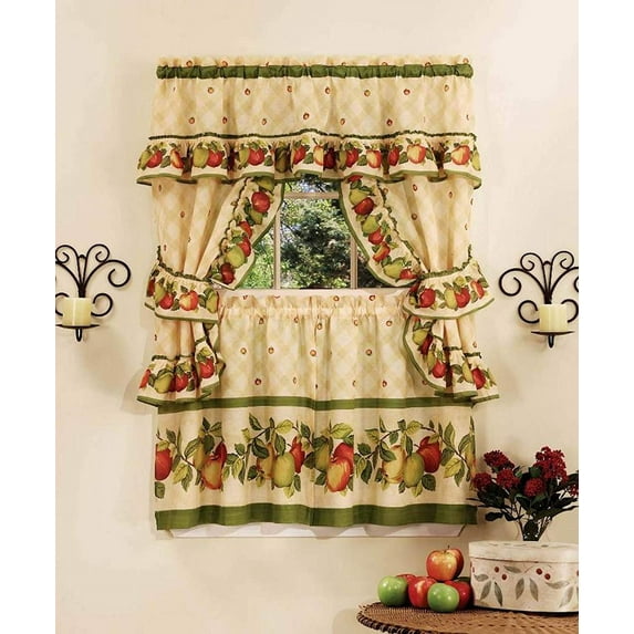 Traditional Elegance Apple Orchard Cottage Window Curtain Set - 57x36 Tier Pair/57x36 Ruffled Topper with attached valance and tiebacks. - Antique
