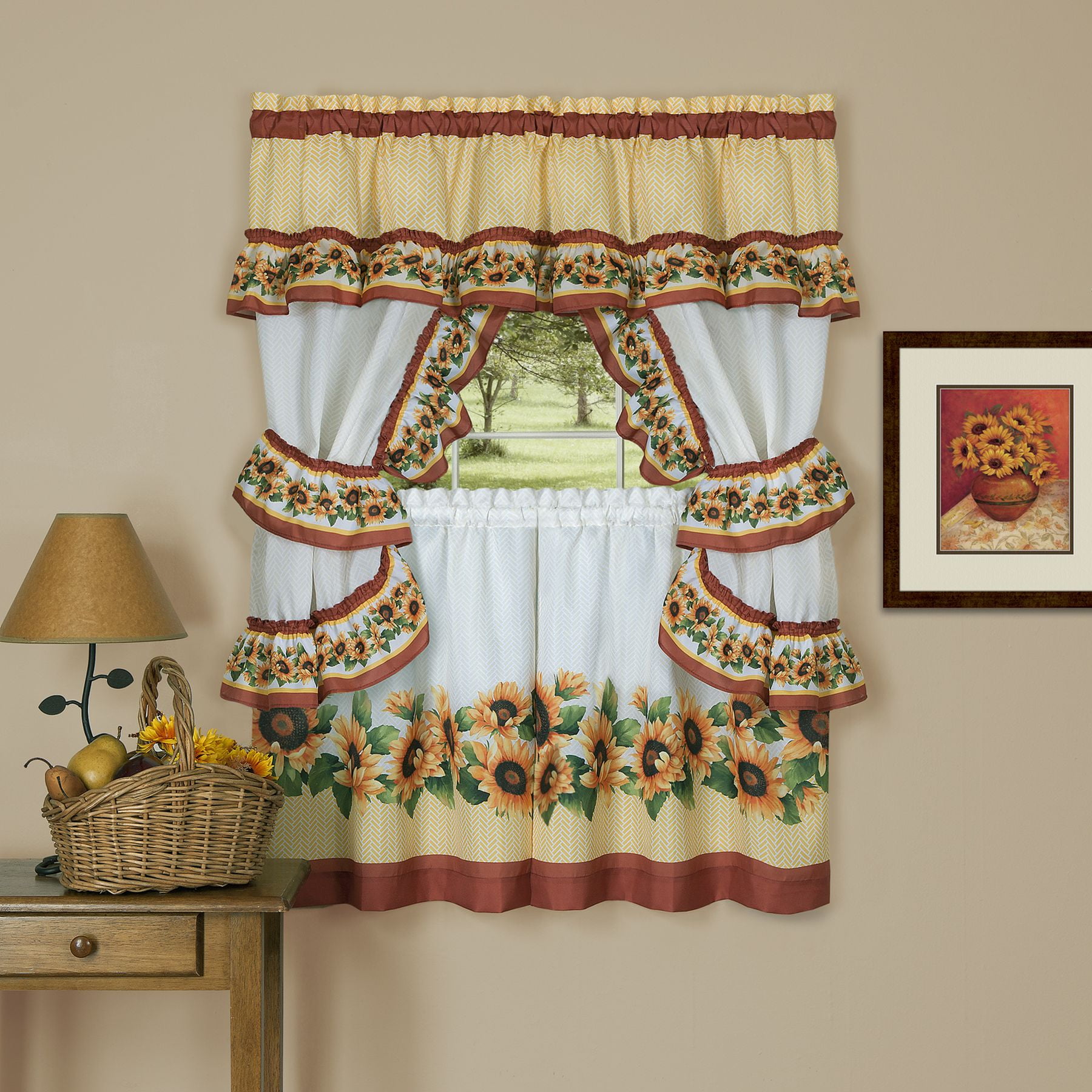 Black and Yellow Floral Polyester Tier Curtains