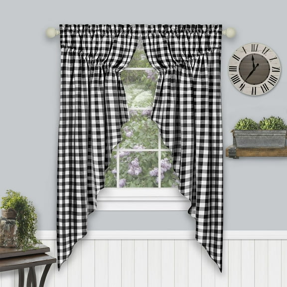 Traditional Elegance Buffalo Check Gathered Swag Window Curtain Pair - 72x63 - Black