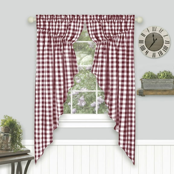 Traditional Elegance Buffalo Check Gathered Swag Window Curtain Pair - 72x63 - Burgundy