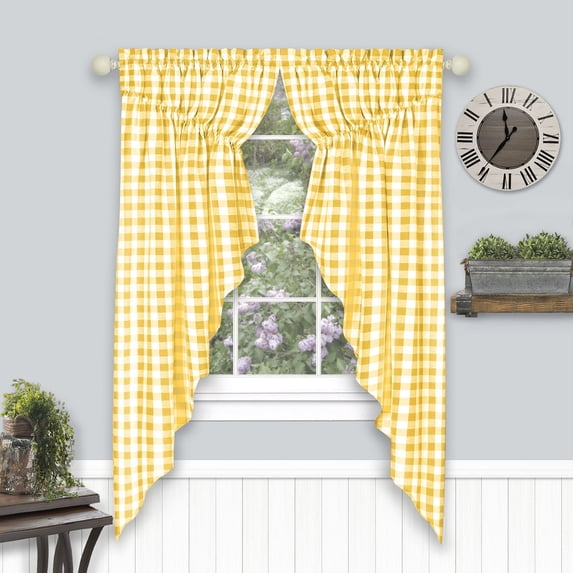 Traditional Elegance Buffalo Check Gathered Swag Window Curtain Pair - 72x63 - Yellow