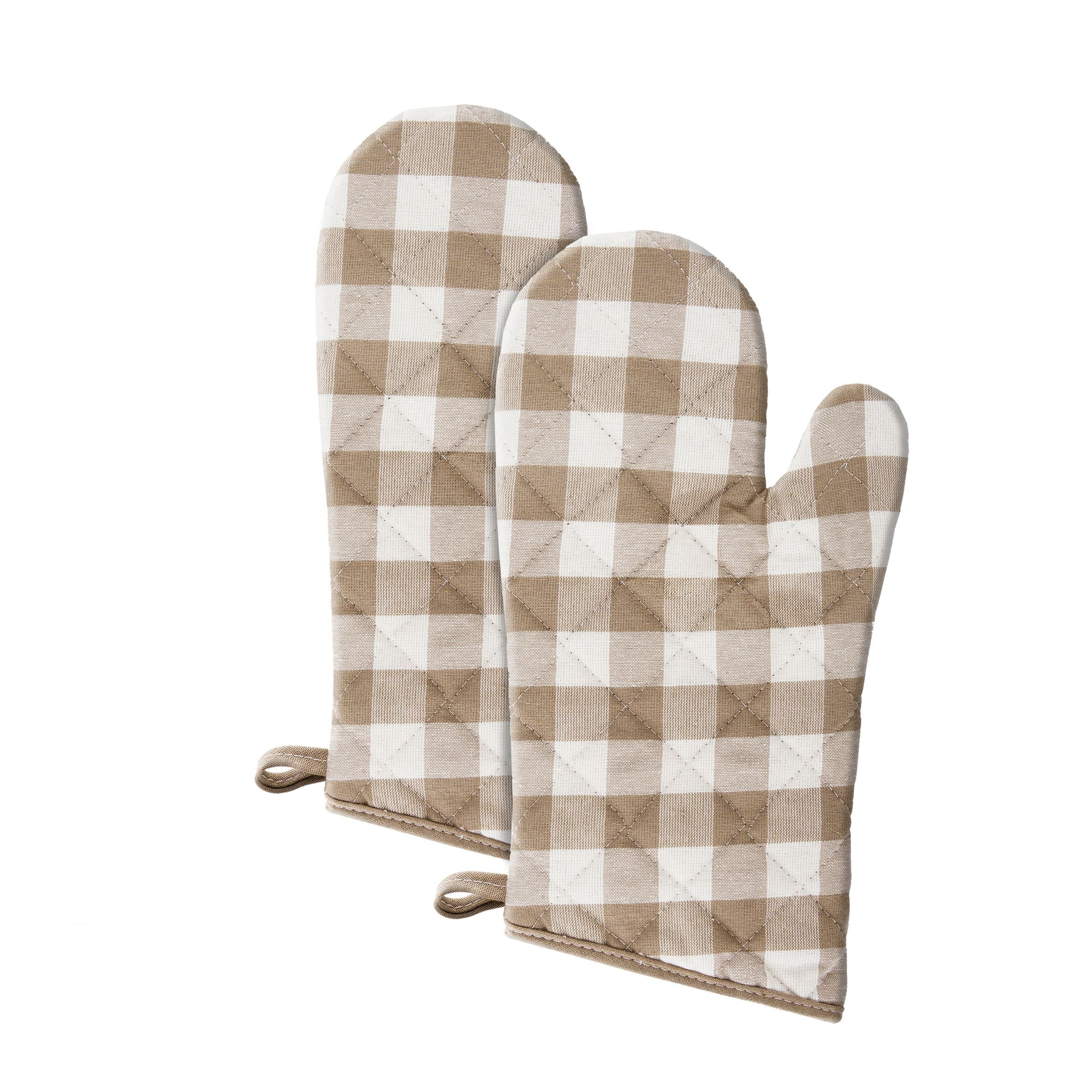 Taupe and White Checkered Extra Long Oven Mitt Set