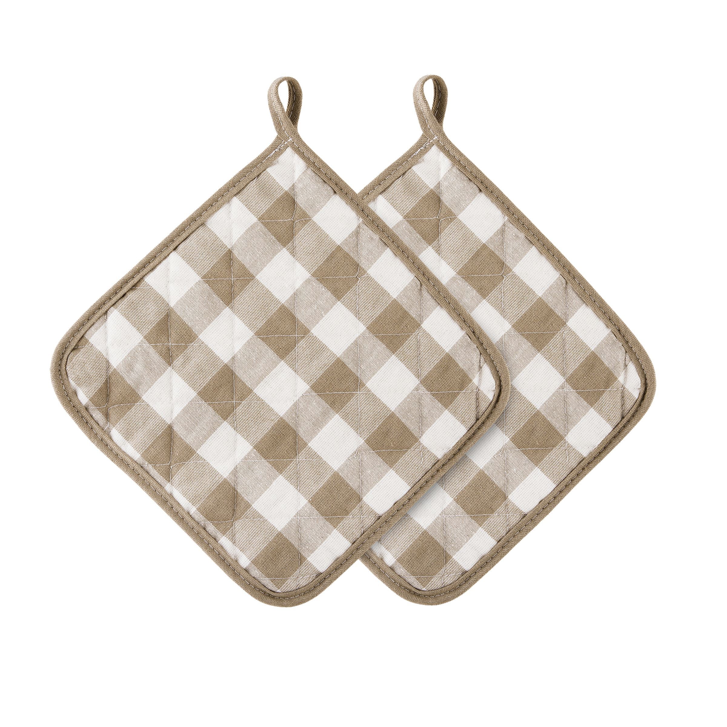 Taupe and White Checkered Cotton Quilted Pot Holder Set