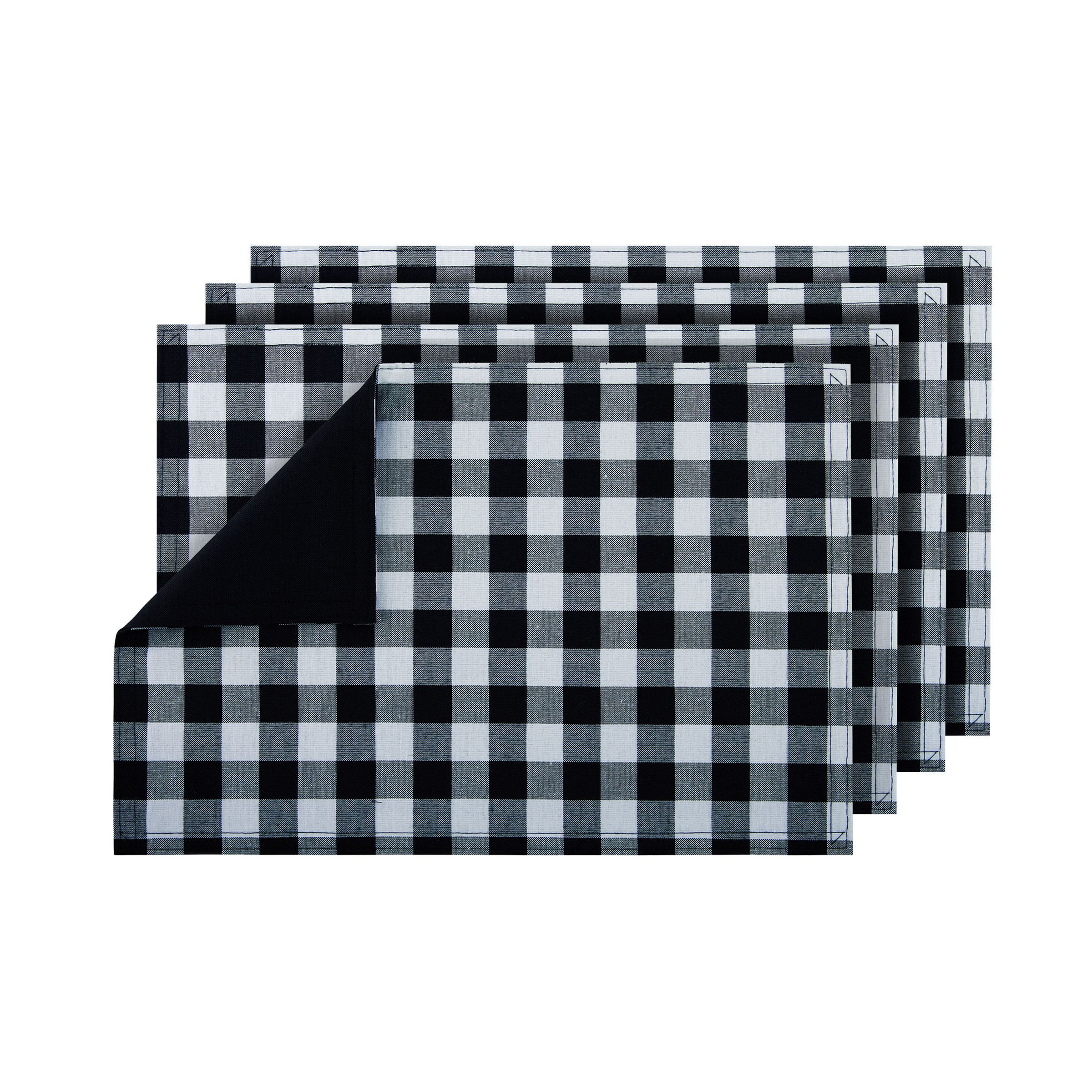 Black and White Buffalo Check Reversible Fabric Placemats, 12" x 18", Set of 4