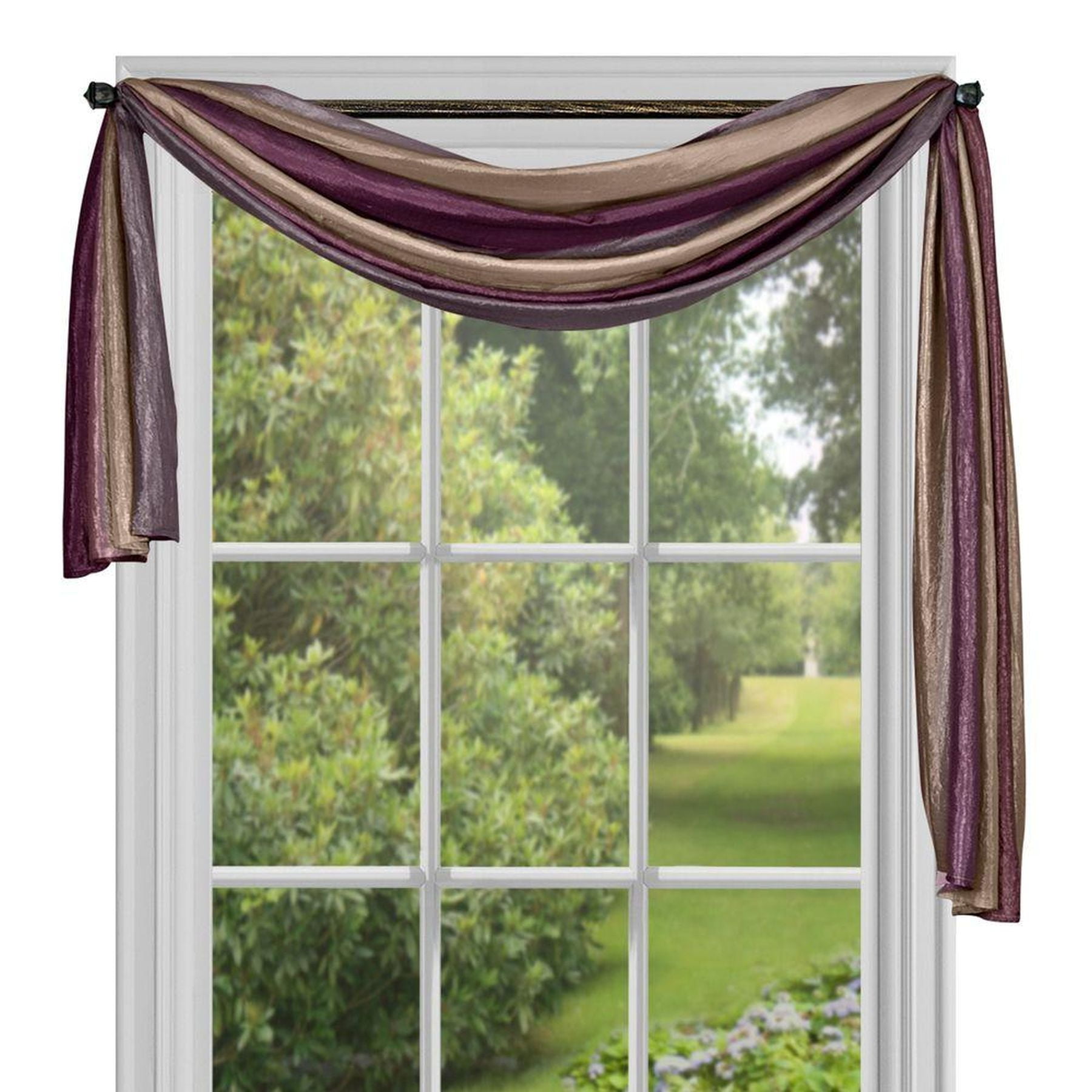 Aubergine Faux Silk Sheer Striped Window Scarf Panel