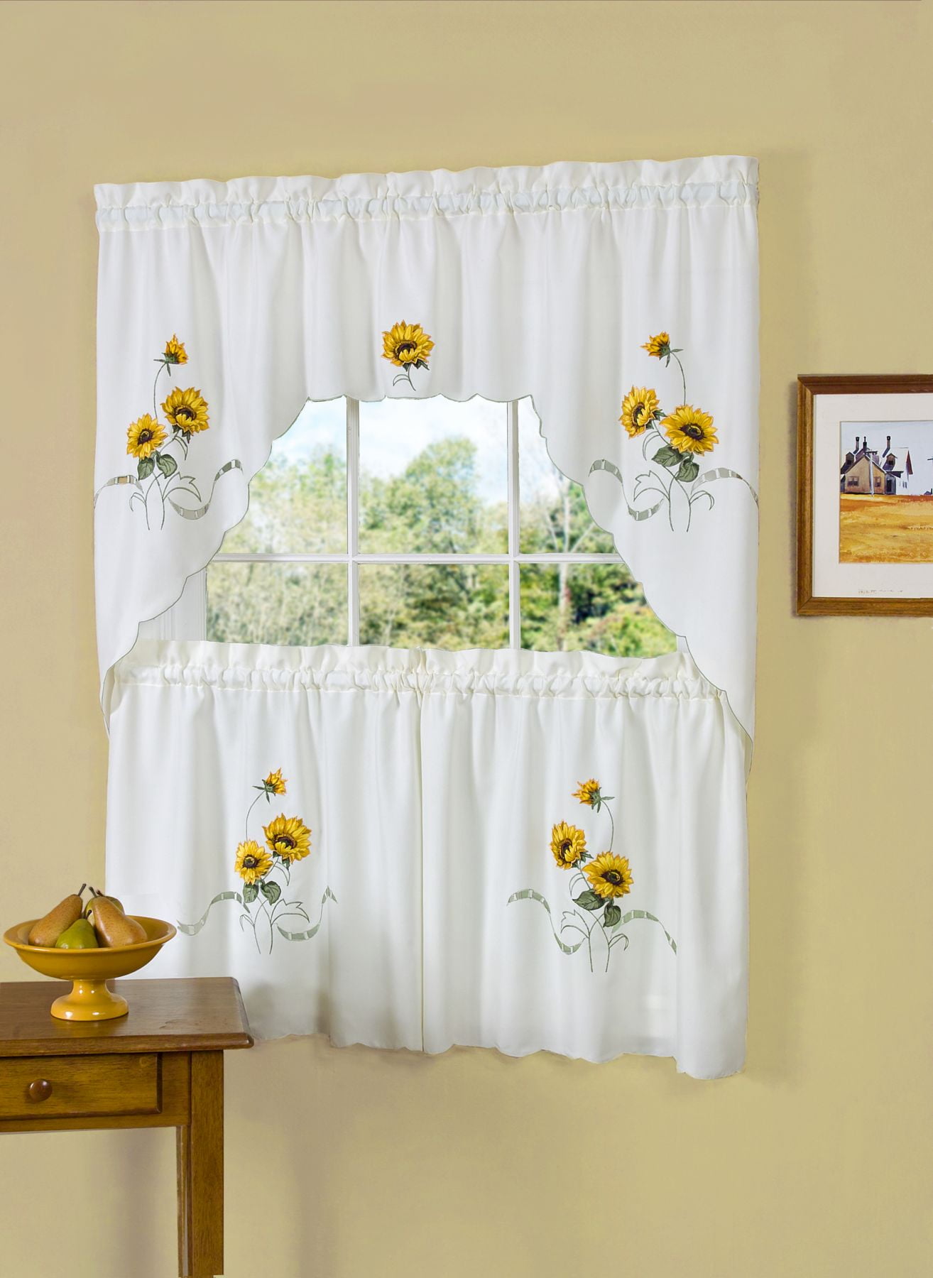 White and Yellow Sunflower Embellished Tier Curtain Set