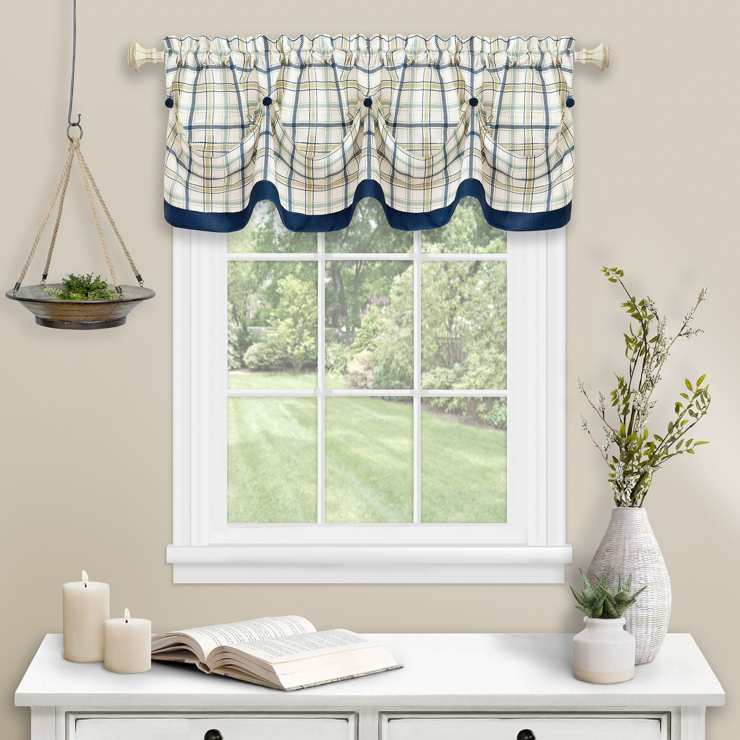 Navy Plaid Polyester Rod Pocket Valance with Buttons
