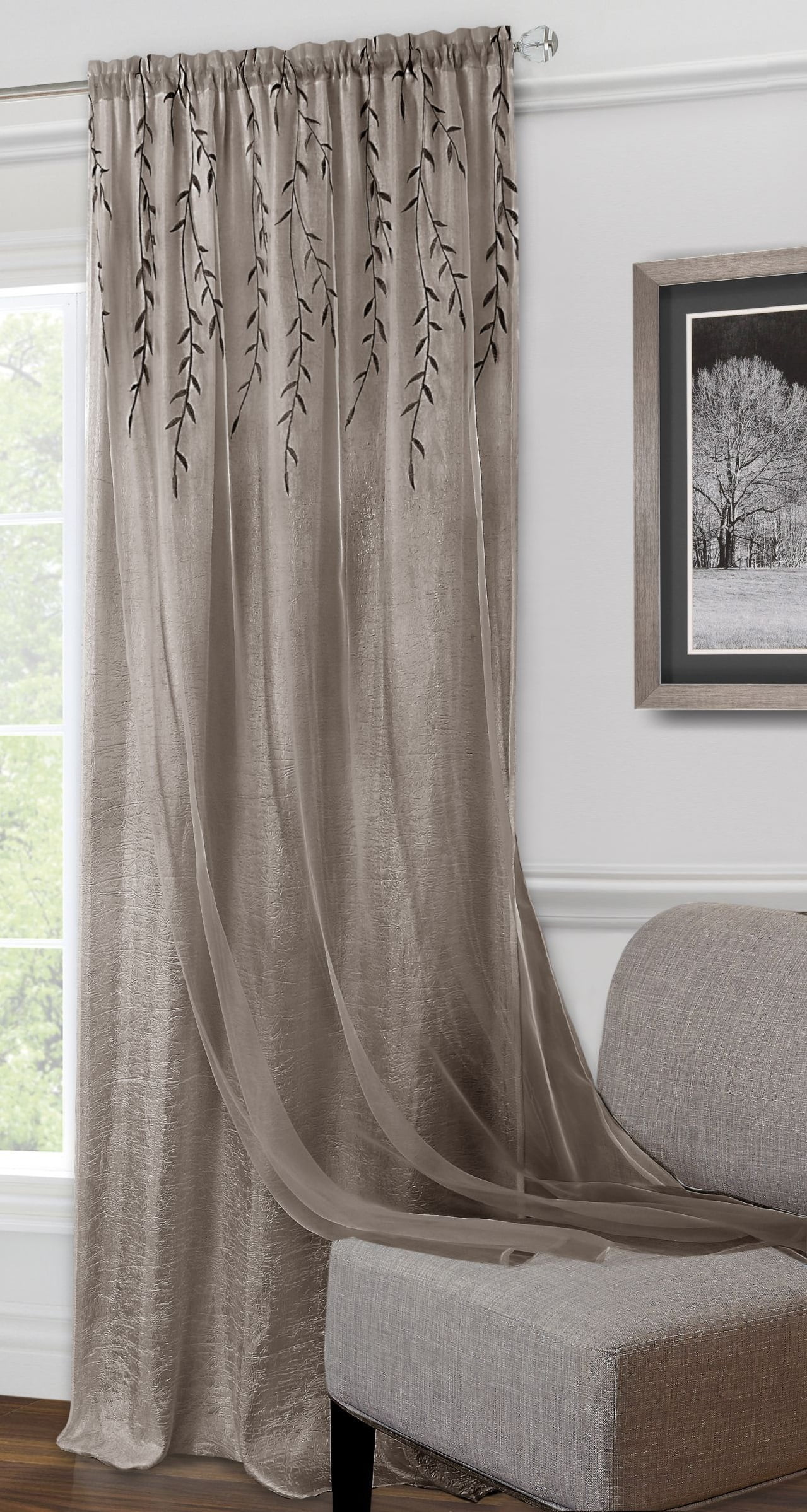 Toffee Embroidered Sheer Polyester Rod Pocket Window Panel