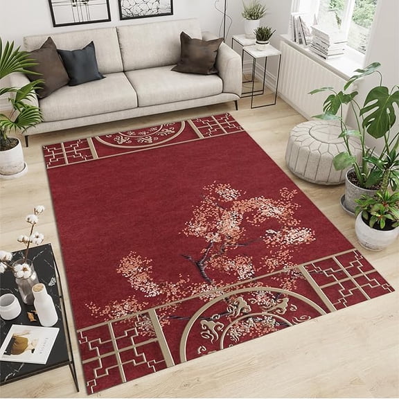 Traditional Elements Carpet, Classic Plum Blossom Chinese Red Area Rugs, Non Slip Non-Shedding Foldable Washable Rug For Living Room Bedroom Entryway Hallway Office Study Room 2 x 3ft
