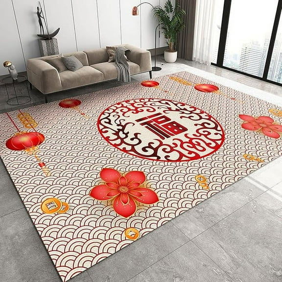 Traditional Elements Symmetric Geometry Living Room Rug, Red Rich Flower Lantern Area Rugs, Anti-Slip Washable Holiday Decoration Entryway Mat For Family Bedroom Hallway Office 5 x 6ft